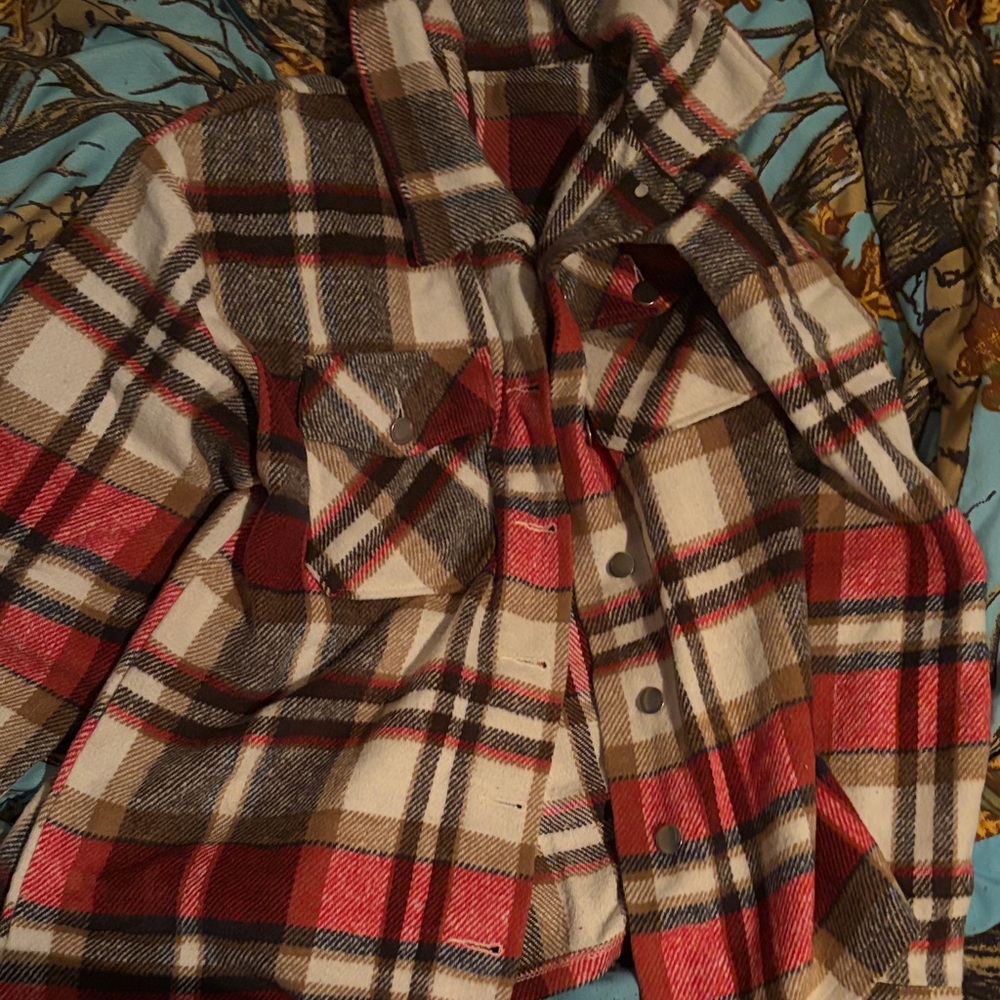 Plaid Women's Jacket in Red, Brown, and Cream